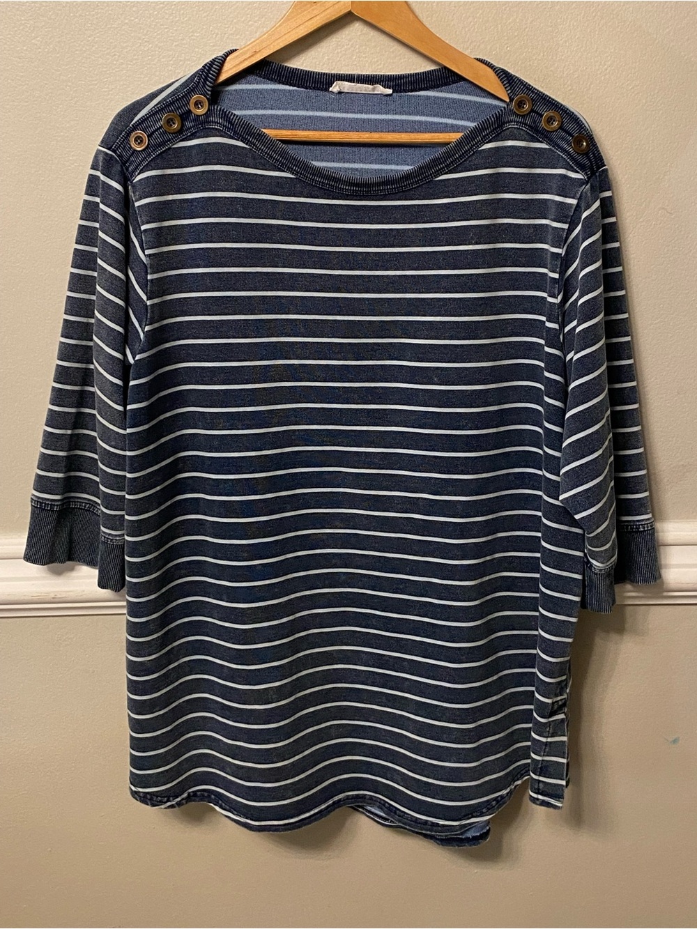 Jane and Delancey Navy and White Striped Boatneck Button-Shoulder Top